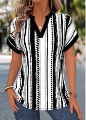 Black Geometric Print Tummy Coverage Short Sleeve Blouse