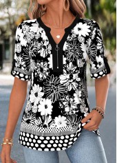 Black Floral Print Tuck Stitch Short Sleeve Blouse | thumb picture 