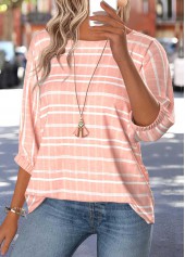 Pink Striped Tummy Coverage 3/4 Sleeve Round Neck Blouse | thumb picture 