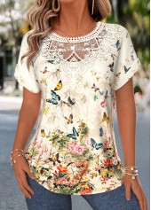 Light Yellow Floral Print Lace Trim Short Sleeve Blouse