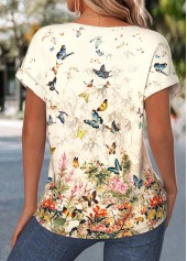 Light Yellow Floral Print Lace Trim Short Sleeve Blouse | thumb picture 