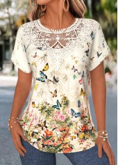 Light Yellow Floral Print Lace Trim Short Sleeve Blouse | thumb picture 