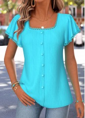 Cyan Curved Hem Short Sleeve Square Neck Blouse