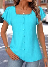 Cyan Curved Hem Short Sleeve Square Neck Blouse | thumb picture 
