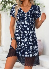 Blue Floral Print Short V Neck Dress