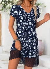 Blue Floral Print Short V Neck Dress | thumb picture 
