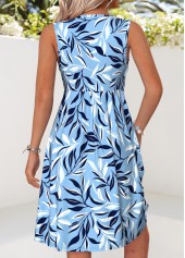 Blue Leaf Print Short Twist Sleeveless V Neck Dress | thumb picture 