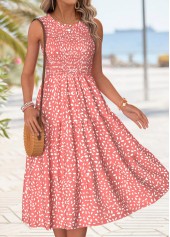 Pink Polka Dot Tummy Coverage Sleeveless Round Neck Dress