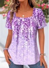 Purple Floral Print Tummy Coverage Short Sleeve Blouse