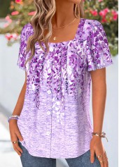 Purple Floral Print Tummy Coverage Short Sleeve Blouse | thumb picture 