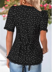Black Polka Dot Patchwork Short Sleeve Square Neck Blouse | thumb picture 
