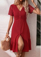 Red Shirred Short Sleeve V Neck Dress
