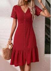 Red Shirred Short Sleeve V Neck Dress | thumb picture 