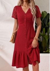 Red Shirred Short Sleeve V Neck Dress | thumb picture 