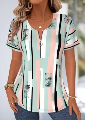 Multi Color Geometric Print Curved Hem T Shirt