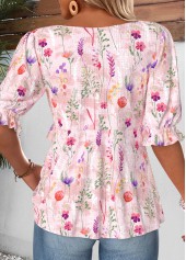 Pink Floral Print Ruffle Half Sleeve V Neck Blouse | thumb picture 