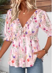 Pink Floral Print Ruffle Half Sleeve V Neck Blouse | thumb picture 