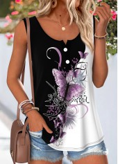 Black Butterfly Print Button Sleeveless Round Neck Tank Top