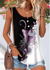 Black Butterfly Print Button Sleeveless Round Neck Tank Top | thumb picture 