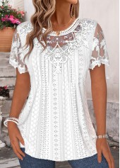 White Patchwork Short Sleeve Round Neck T Shirt | thumb picture 
