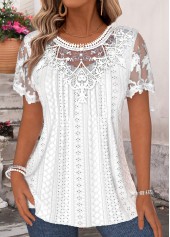 White Patchwork Short Sleeve Round Neck T Shirt
