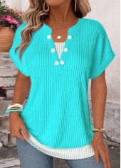 Blue Fake 2in1 Short Sleeve Split Neck T Shirt