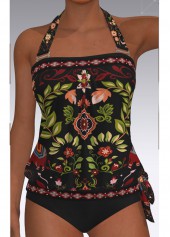 Black Mid Waisted Bowknot Tribal Print Tankini Set