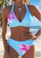 Blue Mid Waisted Patchwork Floral Print Bikini Set