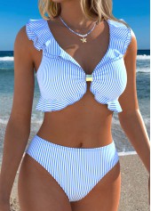 Light Blue Mid Waisted Ruffle Striped Bikini Set