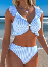 Light Blue Mid Waisted Ruffle Striped Bikini Set | thumb picture 