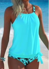 Cyan Mid Waisted Bowknot Floral Print Tankini Set
