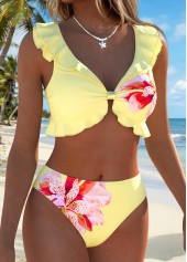 Light Yellow Mid Waisted Ruffle Floral Print Bikini Set