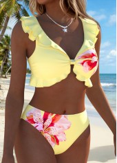 Light Yellow Mid Waisted Ruffle Floral Print Bikini Set | thumb picture 