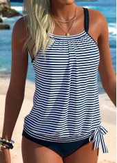 Navy Mid Waisted Blouson Striped Tankini Set