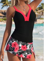 Black Mid Waisted Patchwork Floral Print Tankini Set