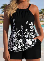 Black Mid Waisted Tube Floral Print Tankini Set