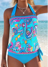 Blue Mid Waisted Bowknot Tribal Print Tankini Set