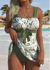 Sage Green Mid Waisted Leaf Print Tankini Set
