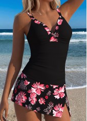 Black Mid Waisted Patchwork Floral Print Tankini Set