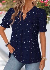Navy Geometric Print Curved Hem Short Sleeve Blouse | thumb picture 