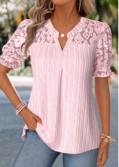 Pink Patchwork Short Sleeve Split Neck Blouse