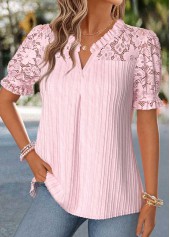 Pink Patchwork Short Sleeve Split Neck Blouse | thumb picture 