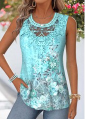 Mint Green Random Floral Print Patchwork Sleeveless Tank Top