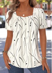 Beige Geometric Print Pleated Short Sleeve Square Neck Blouse