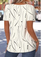 Beige Geometric Print Pleated Short Sleeve Square Neck Blouse | thumb picture 