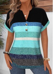 Multi Color Striped Tummy Coverage Short Sleeve Blouse
