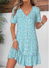 Cyan Geometric Print Short Shirred V Neck Dress