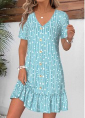 Cyan Geometric Print Short Shirred V Neck Dress | thumb picture 