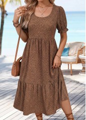 Dark Coffee Leopard Shirred Short Sleeve Scoop Neck Dress