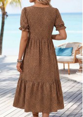 Dark Coffee Leopard Shirred Short Sleeve Scoop Neck Dress | thumb picture 